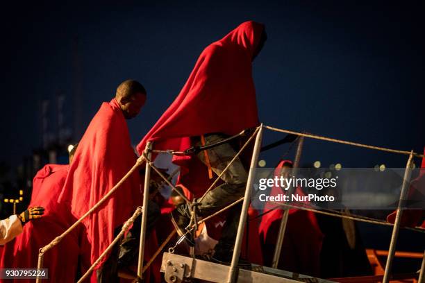 Migrants among them 3 women and one minor were rescued by the Spaniard Maritime and brought to the harbour of Malaga, Spain, on 9 March 2018. All of...