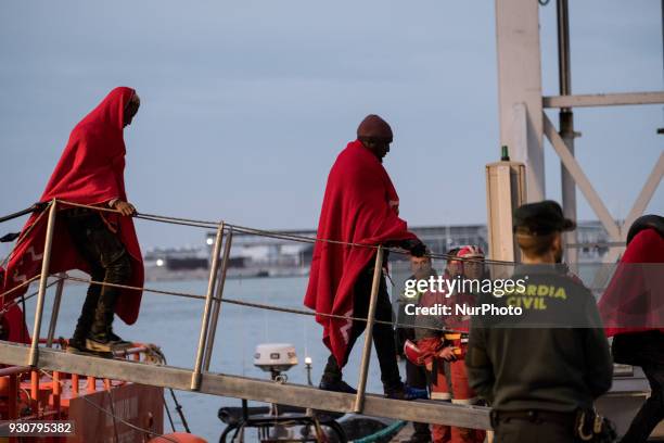 Migrants among them 3 women and one minor were rescued by the Spaniard Maritime and brought to the harbour of Malaga, Spain, on 9 March 2018. All of...