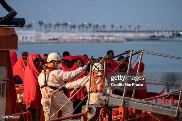 Migrants among them 3 women and one minor were rescued by the Spaniard Maritime and brought to the harbour of Malaga, Spain, on 9 March 2018. All of...