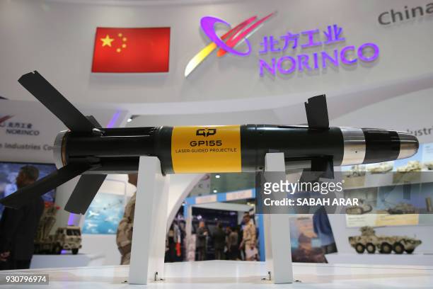 Laser guided projectile is seen at the Baghdad International Exhibition of Weapons and Military Equipment for International and Arab Companies, in...