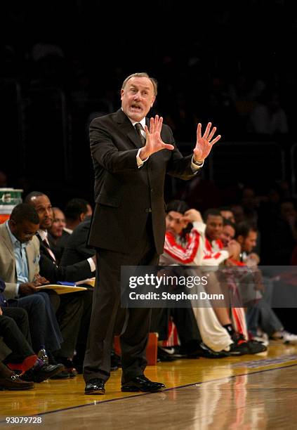 Head coach Rick Adelman of the Houston Rockets gestures during the game with the Los Angeles Lakers on November 15, 2009 at Staples Center in Los...