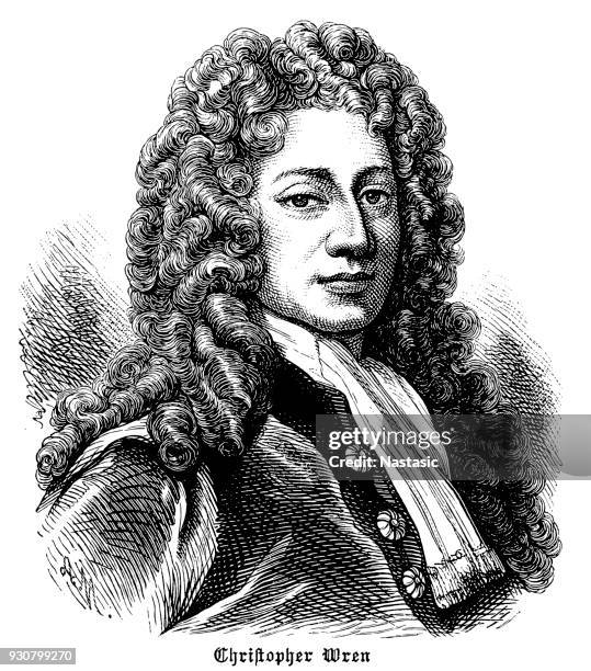portrait of sir christopher wren circa 1711 - christopher wren stock illustrations