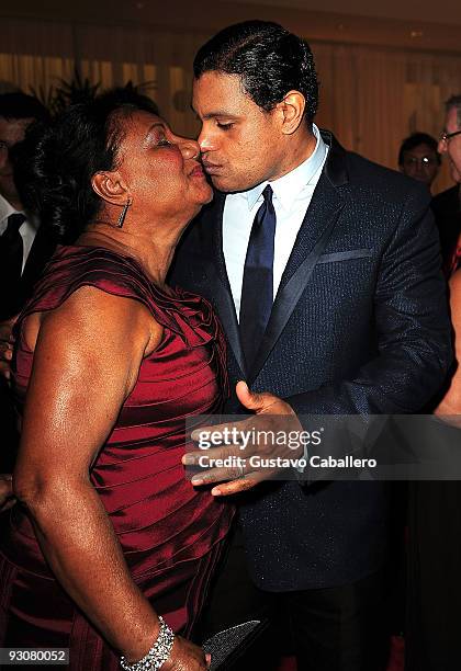 Sammy Sosa and his mother arrives at Sammy Sosa's birthday party at Fontainebleau Miami Beach on November 14, 2009 in Miami Beach, Florida.