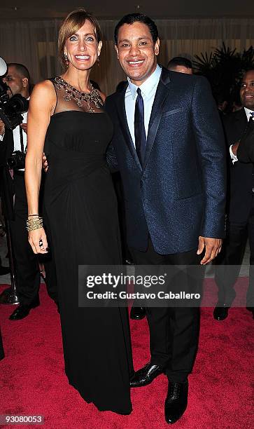 Lili Estefan and Sammy Sosa pose together at Sammy Sosa birthday party at Fontainebleau Miami Beach on November 14, 2009 in Miami Beach, Florida.