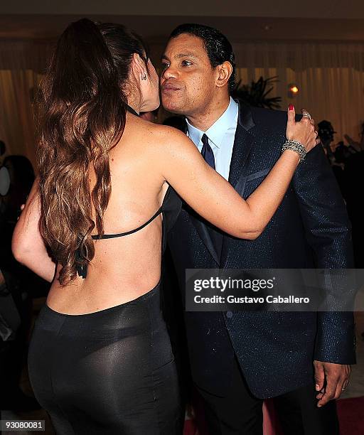 Gabriela Spanic and Sammy Sosa pose together at Sammy Sosa birthday party at Fontainebleau Miami Beach on November 14, 2009 in Miami Beach, Florida.
