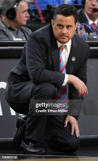 Head coach Sean Miller of the Arizona Wildcats looks on during a quarterfinal game of the Pac-12 basketball tournament against the Colorado Buffaloes...