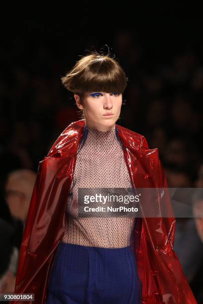 Model walks the catwalk during the fashion designer Luis Carvalho Fall / Winter 2018 - 2019 collection runway show at the 50 edition of Lisboa...