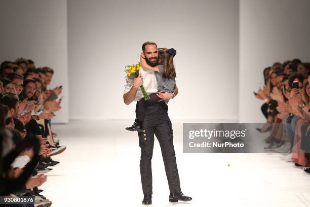 Model walks the catwalk during the fashion designer Luis Carvalho Fall / Winter 2018 - 2019 collection runway show at the 50 edition of Lisboa...