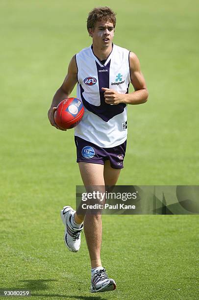 Clayton Hinkey of the Dockers warms up during a Fremantle Dockers AFL training session at Fremantle Oval on November 16, 2009 in Perth, Australia.