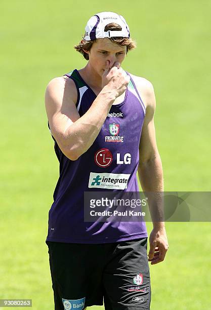 Tim Ruffles of the Dockers looks on during a Fremantle Dockers AFL training session at Fremantle Oval on November 16, 2009 in Perth, Australia.