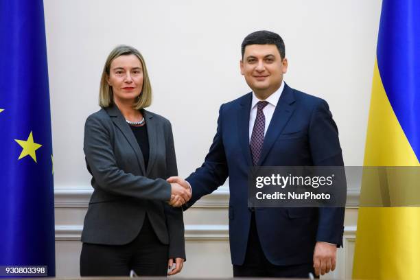 Meeting of Prime Minister Volodymyr Groisman and EU High Representative for Foreign Affairs of Federica Mogherini shake hands in Kiev, Ukraine, on 12...