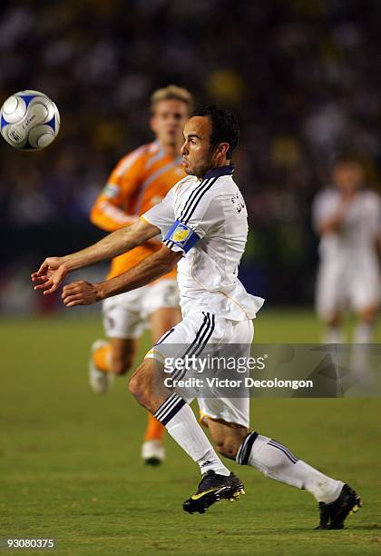 Landon Donovan of the Los Angeles Galaxy plays the ball off his chest during the MLS Western Conference Championship match against the Houston Dynamo...