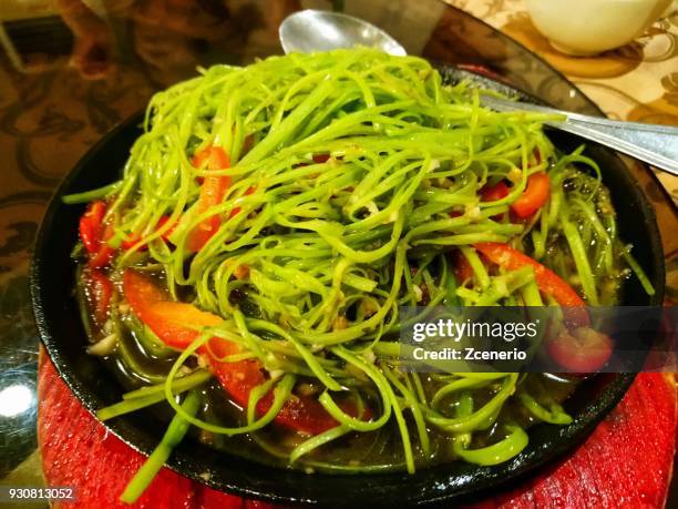 thai chinese style stir fried sliced morning glory with chilli - freshness seal stock pictures, royalty-free photos & images