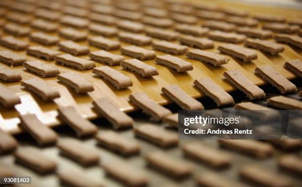 The cookie dough are running on an automatic conveyor belt at the gingerbread bakery Henry Lambertz on November 13, 2009 in Aachen, Germany. Lambertz...