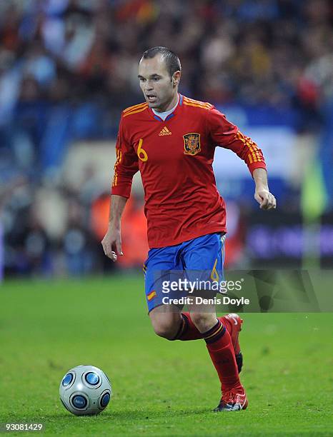 Andres Iniesta of Spain in action during the International friendly match between Argentina and Spain at the Vicente Calderon stadium on November 14,...