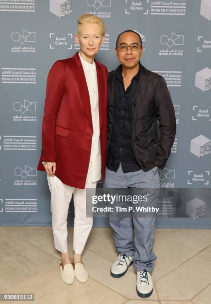 Actress and artist Tilda Swinton and director Apichatpong Weerasethakul attend the "Footprints" screening on day two of Qumra, the fourth edition of...