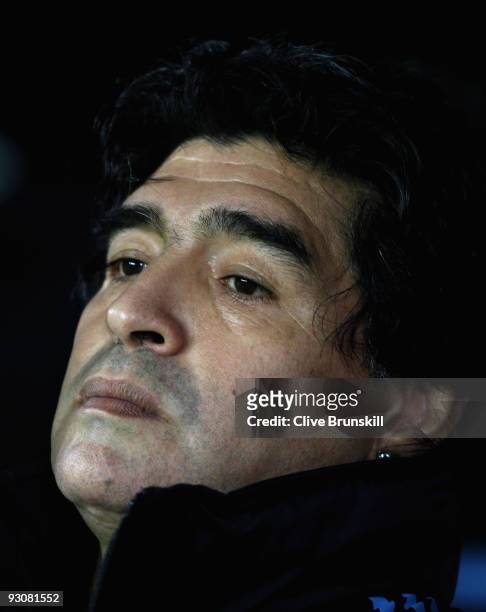 Argentina coach Diego Maradona during the friendly International football match Spain against Argentina at the Vicente Calderon stadium in Madrid, on...
