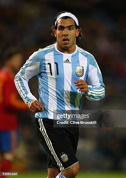 Carlos Tevez of Argentina in action during the friendly International football match Spain against Argentina at the Vicente Calderon stadium in...