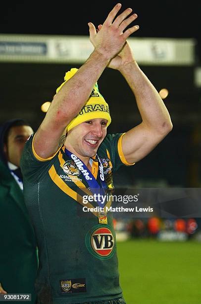 Billy Slater of the VB Kangaroos Australia Rugby League Team celebrates winning the Four Nations Grand Final between England and Australia at Elland...