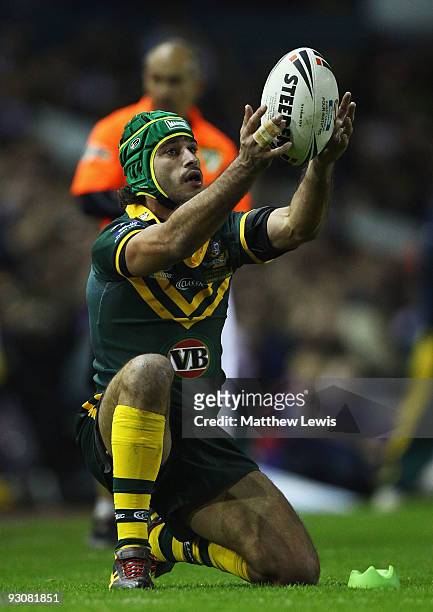 Johnathan Thurston of the VB Kangaroos Australia Rugby League Team in action during the Four Nations Grand Final between England and Australia at...