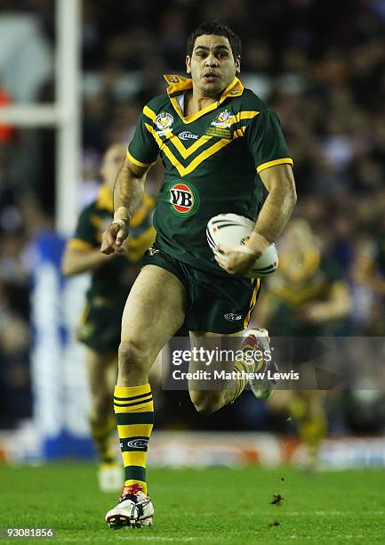 Greg Inglis of the VB Kangaroos Australia Rugby League Team in action during the Four Nations Grand Final between England and Australia at Elland...