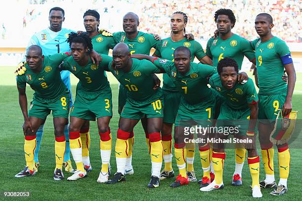 Cameroon starting line up during the Morocco v Cameroon FIFA2010 World Cup Group A qualifying match at the Complexe Sportif on November 14, 2009 in...