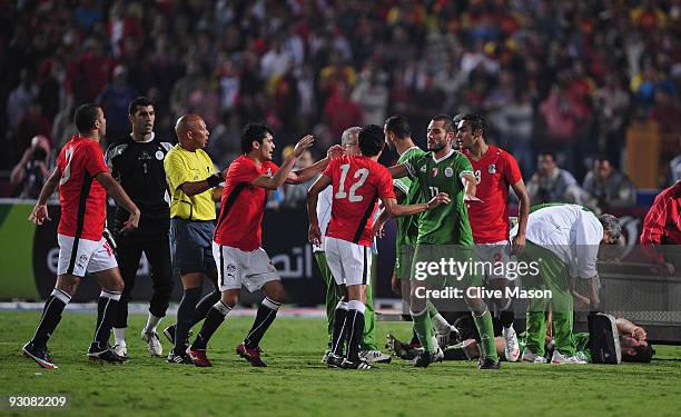 Tensions flare during the FIFA2010 World Cup qualifying match between Egypt and Algeria at the Cairo International Stadium on November 14, 2009 in...