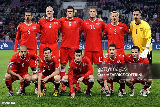 Swiss football team players first row: Goekhan Inler, Stephan Lichtsteiner, Tranquillo Barnetta, Pirmin Schwegler and Alexander Frei. Second row:...