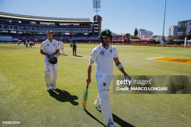South Africa batsman and Proteas captain Faf du Plessis and Theunis de Bruyn leave the ground after wining the second test during day four of the...
