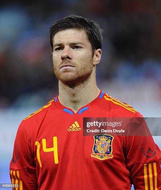 Xavi Alonso of Spain lines-up before the International friendly match between Argentina and Spain at the Vicente Calderon stadium on November 14,...