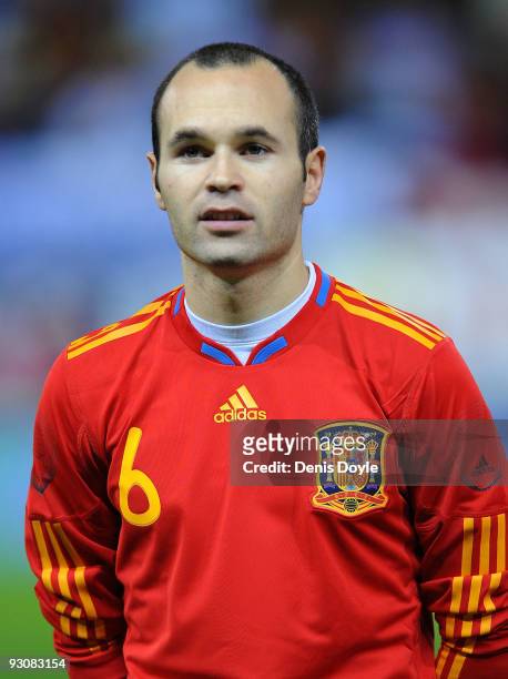 Andres Iniesta of Spain lines-up before the International friendly match between Argentina and Spain at the Vicente Calderon stadium on November 14,...