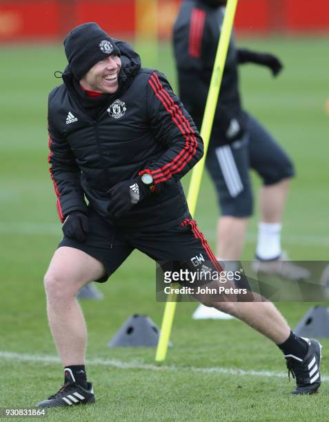 Coach Gary Walker of Manchester United in action during a first team training session at Aon Training Complex on March 12, 2018 in Manchester,...