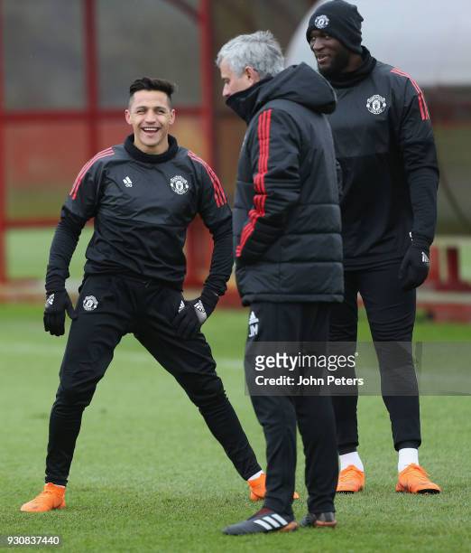 Alexis Sanchez, Romelu Lukaku and Manager Jose Mourinho of Manchester United in action during a first team training session at Aon Training Complex...