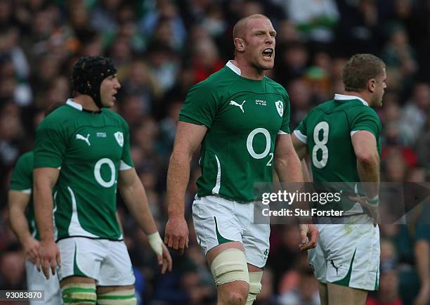 Ireland forward Paul O' Connell gestures during the Rugby Union International between Ireland and Australia at Croke Park on November 15, 2009 in...