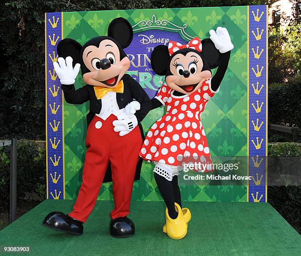 Disney characters Mickey Mouse and Minnie Mouse attend the Los Angeles Premiere of "The Princess And The Frog" at Walt Disney Studios on November 15,...