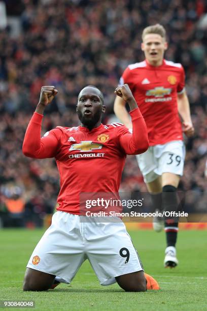 Romelu Lukaku of Man Utd celebrates their 2nd goal during the Premier League match between Manchester United and Liverpool at Old Trafford on March...