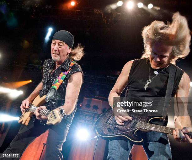 Roger Glover and Steve Morse of Deep Purple perform on stage at the LG Arena on November 13, 2009 in Birmingham, England.