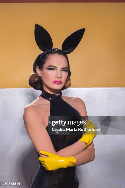 girl wearing black latex and bunny ears - lattice foto e immagini stock