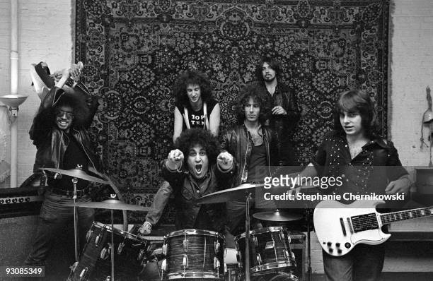 American punk bank The Dictators pose for a group portrait in a rehearsal studio in New York circa 1977. Mark 'The Animal' Mendoza, Scott 'Top Ten'...