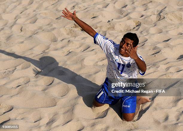 Frank Velasquez of El Salvador celebrates scoring during the Group B FIFA Beach Soccer World Cup match between Ivory Coast and El Salvador on...