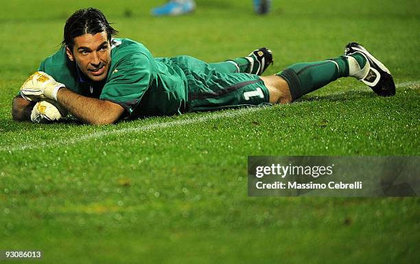 Gianluigi Buffon of Italy reacts during the international friendly match between Italy and Holland at Adriatico Stadium on November 14, 2009 in...