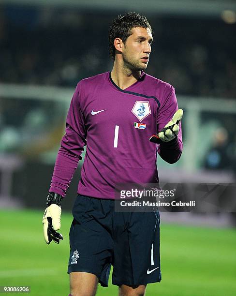 Maarten Stekelenburg of Holland gestures during the international friendly match between Italy and Holland at Adriatico Stadium on November 14, 2009...