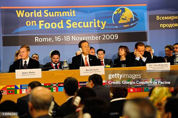 Director General of the FAO Jacques Diouf , Secretary General of the United Nations Ban Ki-moon and Italian Prime Minister Silvio Berlusconi , during...