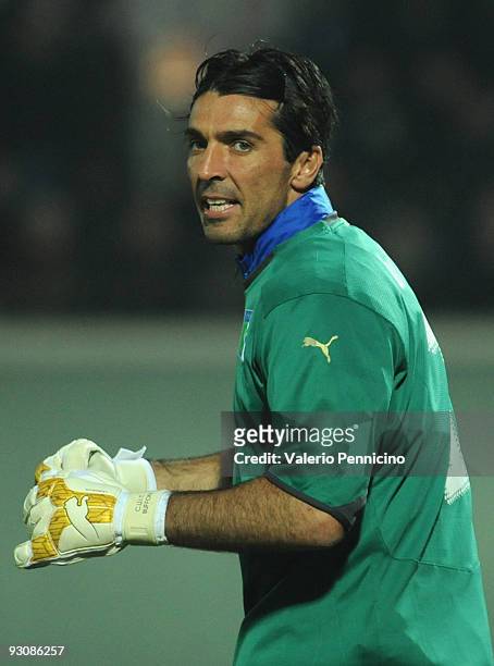 Gianluigi Buffon of Italy looks during the international friendly match between Italy and Holland at Adriatico Stadium on November 14, 2009 in...