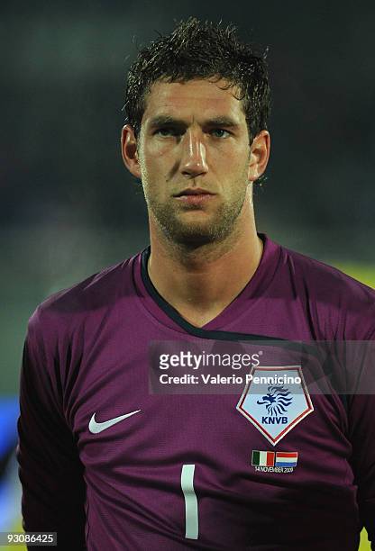 Maarten Stekelenburg of Holland lines up for the anthems prior to kickoff during the international friendly match between Italy and Holland at...