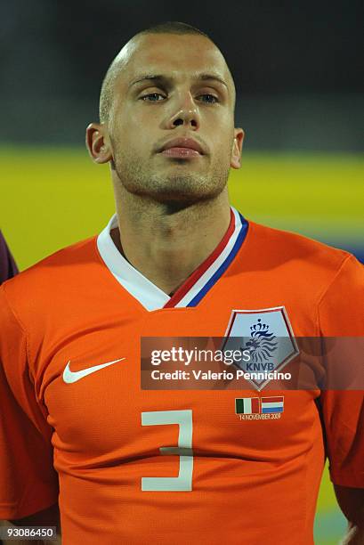 John Heitinga of Holland lines up for the anthems prior to kickoff during the international friendly match between Italy and Holland at Adriatico...