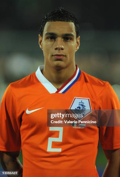 Gregory van der Wiel of Holland lines up for the anthems prior to kickoff during the international friendly match between Italy and Holland at...