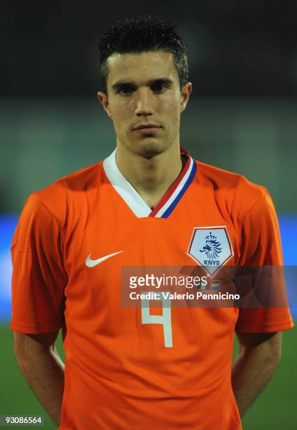 Robin van Persie of Holland lines up for the anthems prior to kickoff during the international friendly match between Italy and Holland at Adriatico...