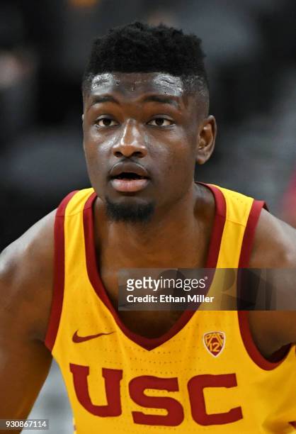 Chimezie Metu of the USC Trojans stands on the court during a quarterfinal game of the Pac-12 basketball tournament against the Oregon State Beavers...