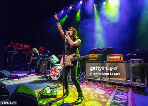 Graham Whitford and Tyler Bryant of Tyler Bryant & The Shakedown perform at The Fillmore on March 10, 2018 in Detroit, Michigan.